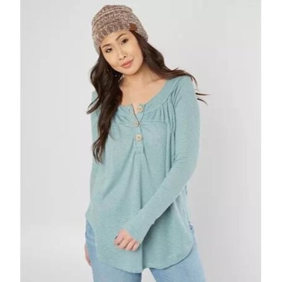 Free People | Large Oversized Must Have Thermal Waffle Knit Henley Top Boho L - Picture 1 of 12